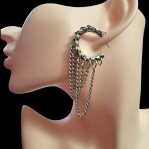 Edgy industrial chunky silver hoop earrings with chains